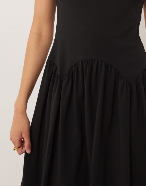 knee length dresses for ladies Asos Black Twill Collared Button Short Sleeve Midi A-Line Shirt Dress – Brie main image 0