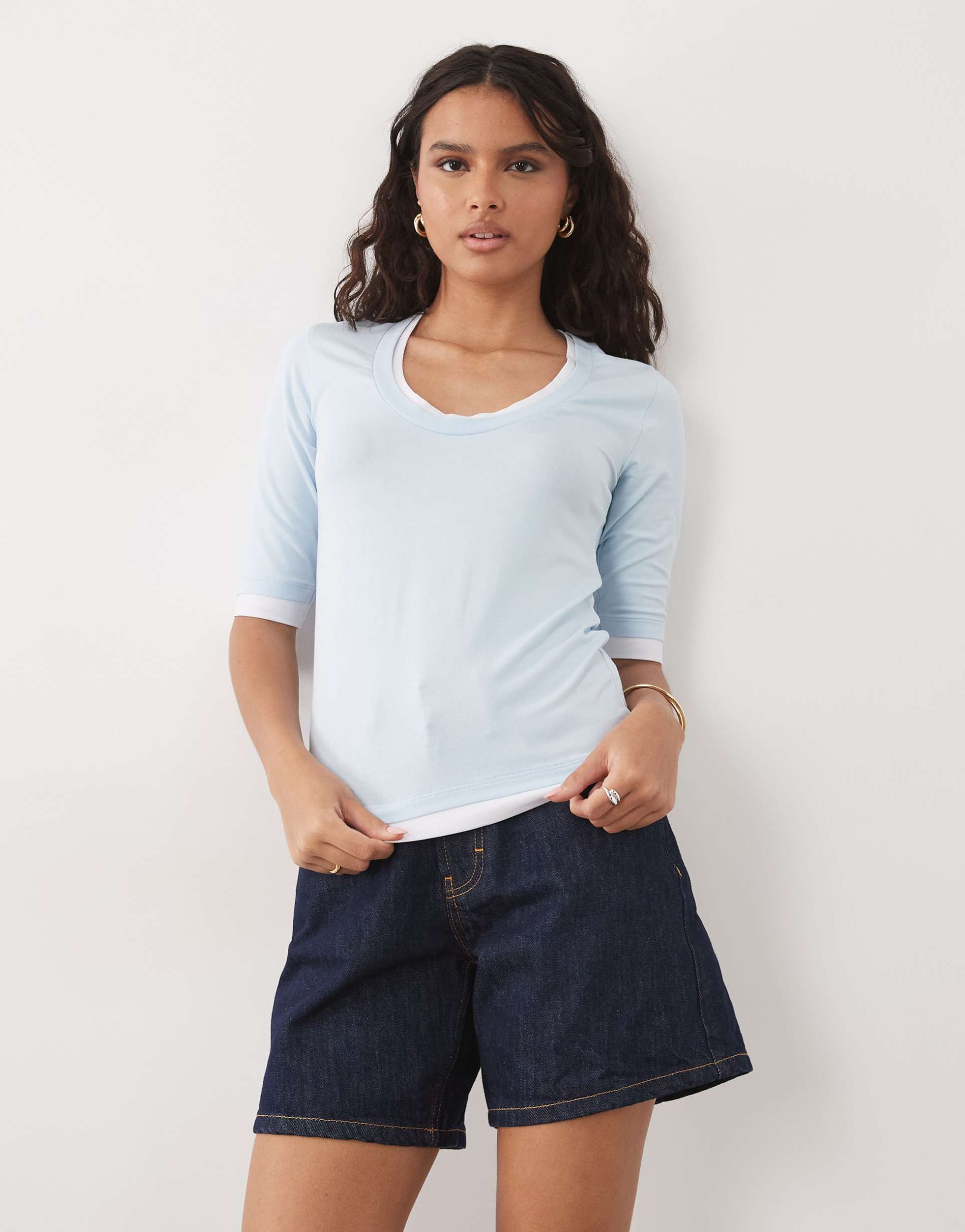asos design short sleeve double layer low back top in light blue