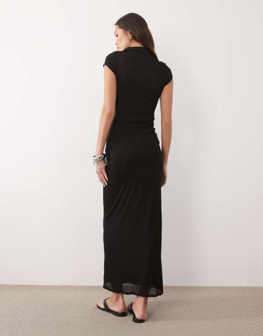 ASOS DESIGN short sleeve double layer midaxi dress in black, 4 of 4
