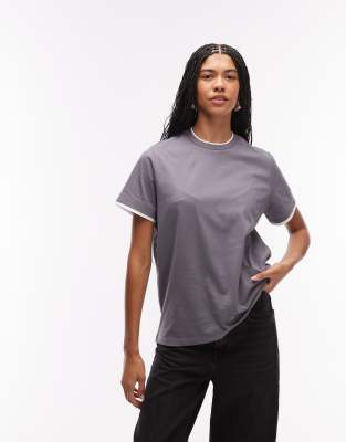 Asos Design Short Sleeve Double Layer Oversized Top In Gray