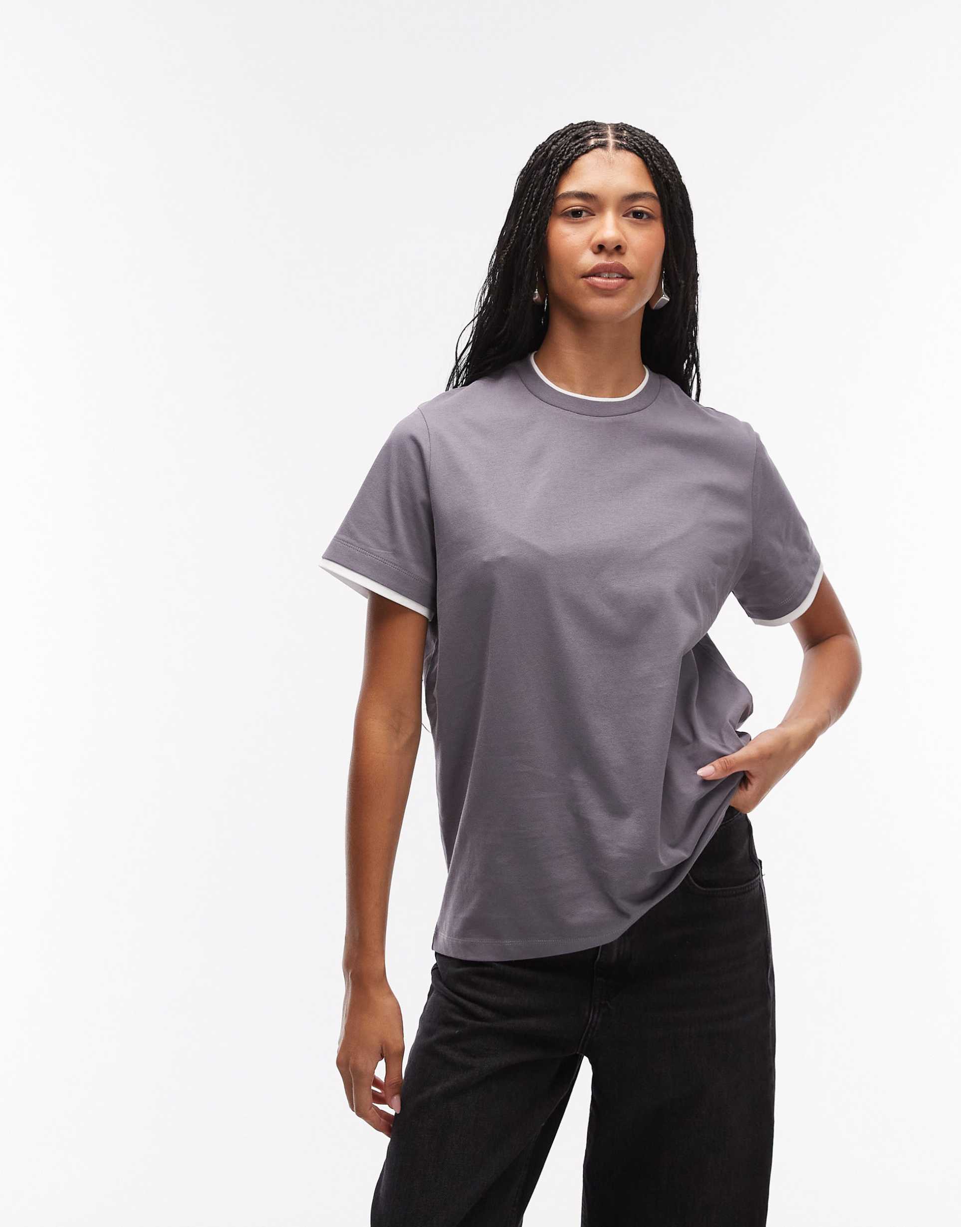 asos design short sleeve double layer oversized top in gray and white