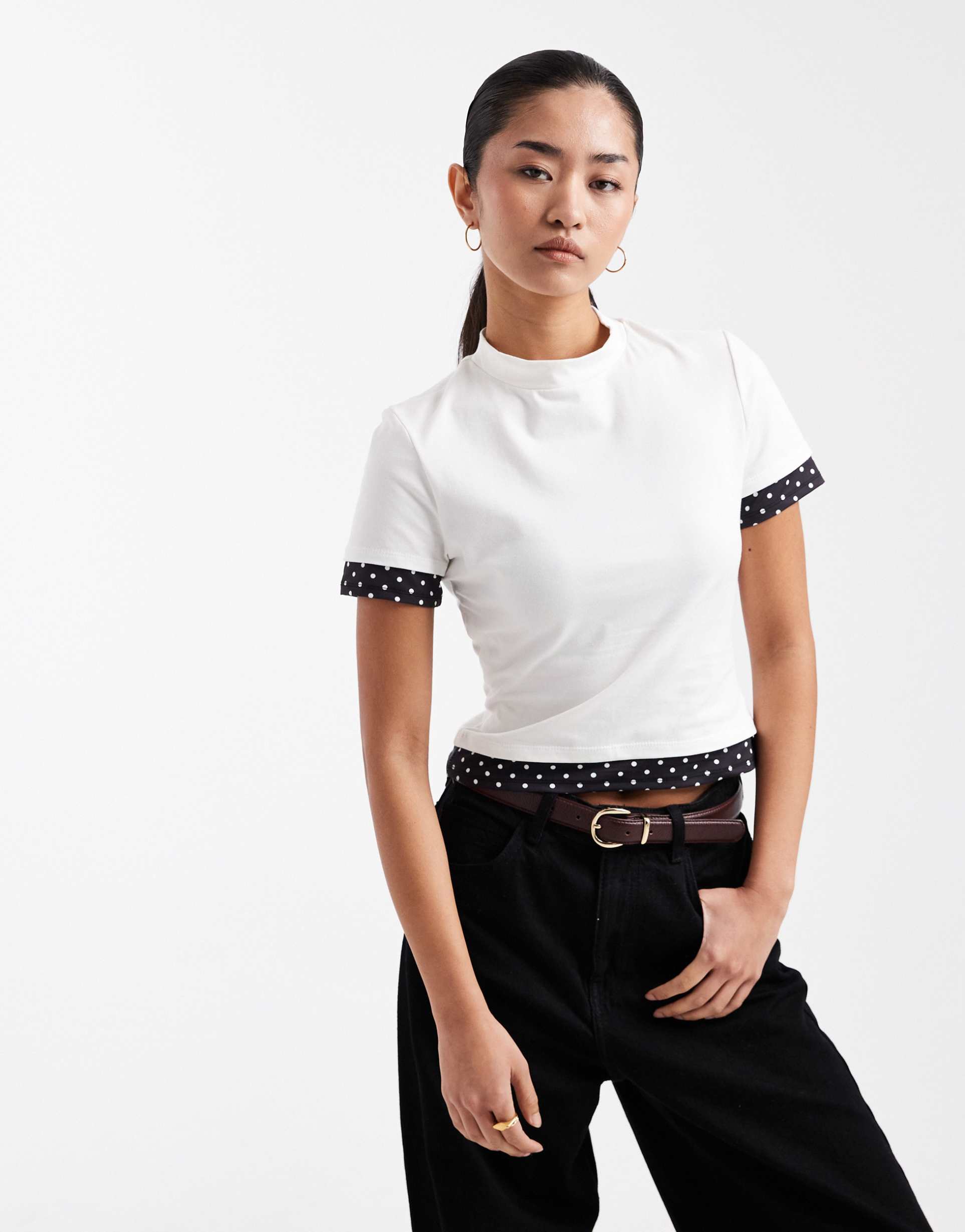 asos design short sleeve double layer polka dot top in mono