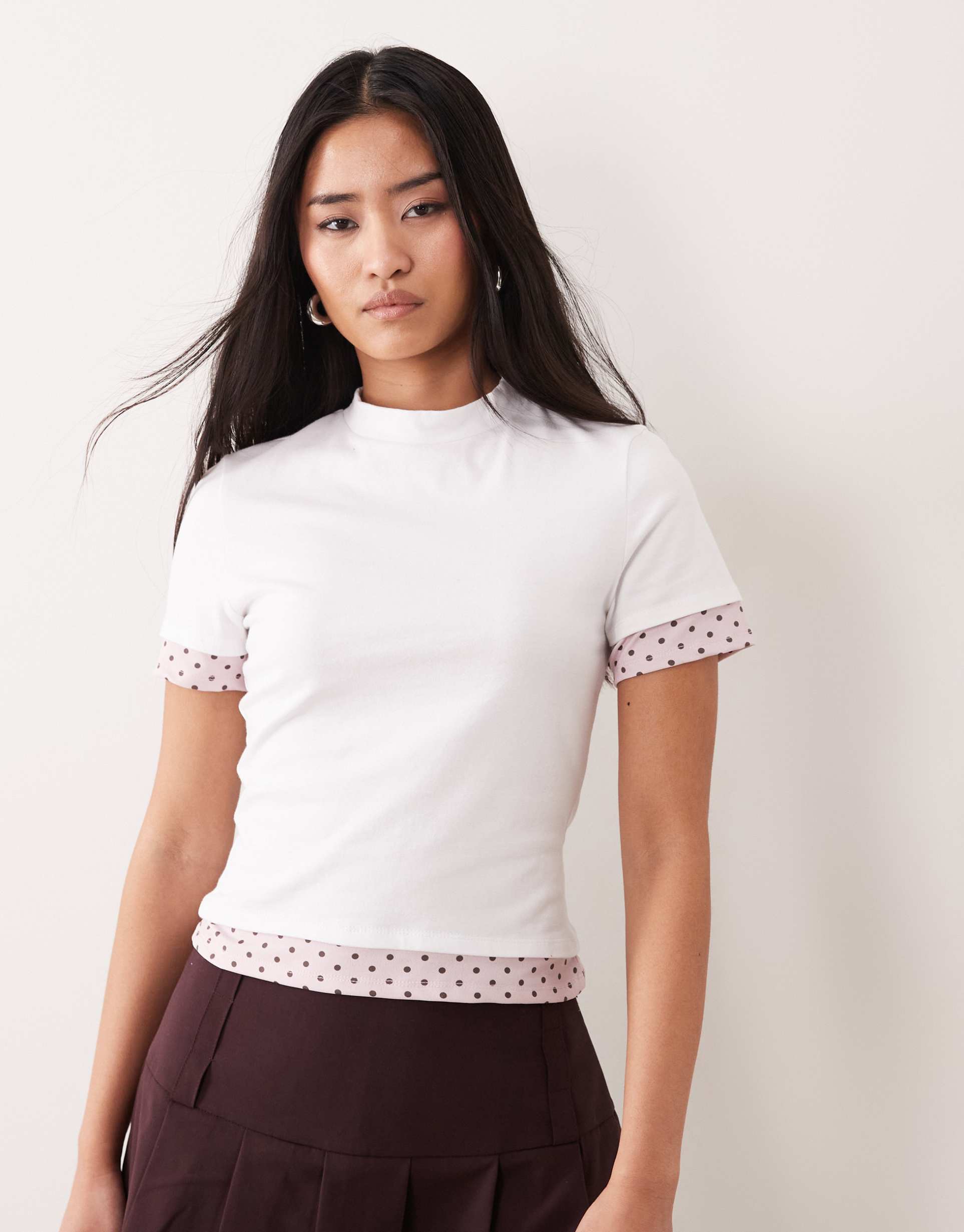 asos design short sleeve double layer polka dot top in white