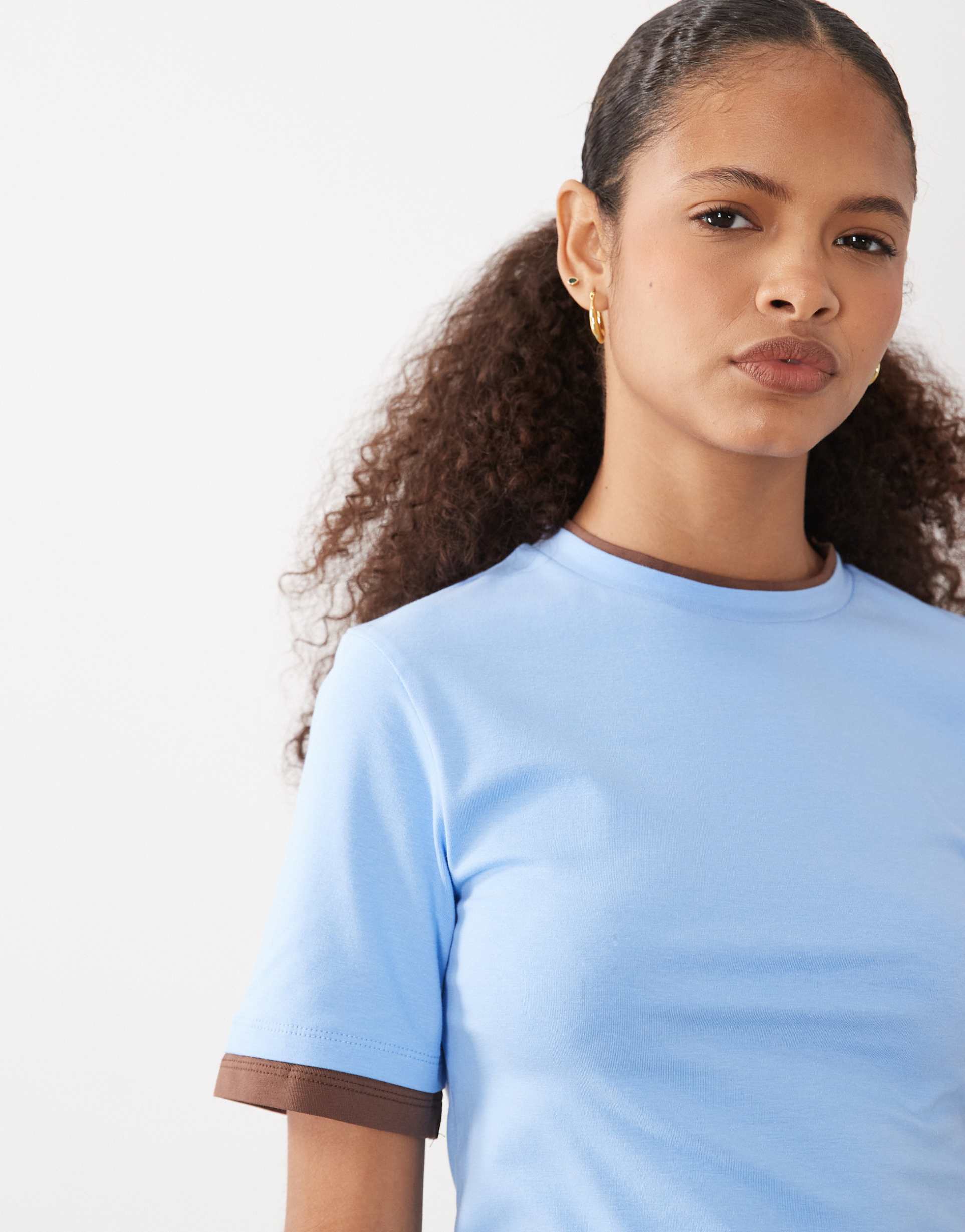 asos design short sleeve double layer top in light blue and chocolate
