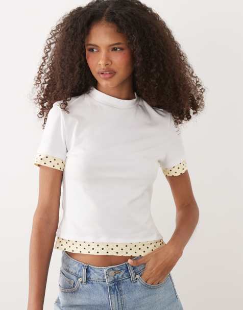 ASOS DESIGN short sleeve double layer yellow polka dot top in white - view 1