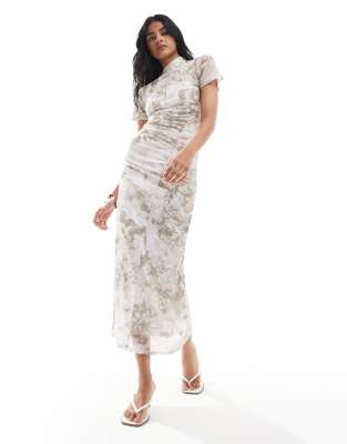 Asos Design Short Sleeve Drape Mesh Maxi Dress With Ruching In Khaki Tie Dye Print-multi