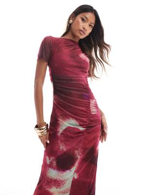 Asos Design Short Sleeve Drape Mesh Midi Dress With Ruching In Pink Smudge Print