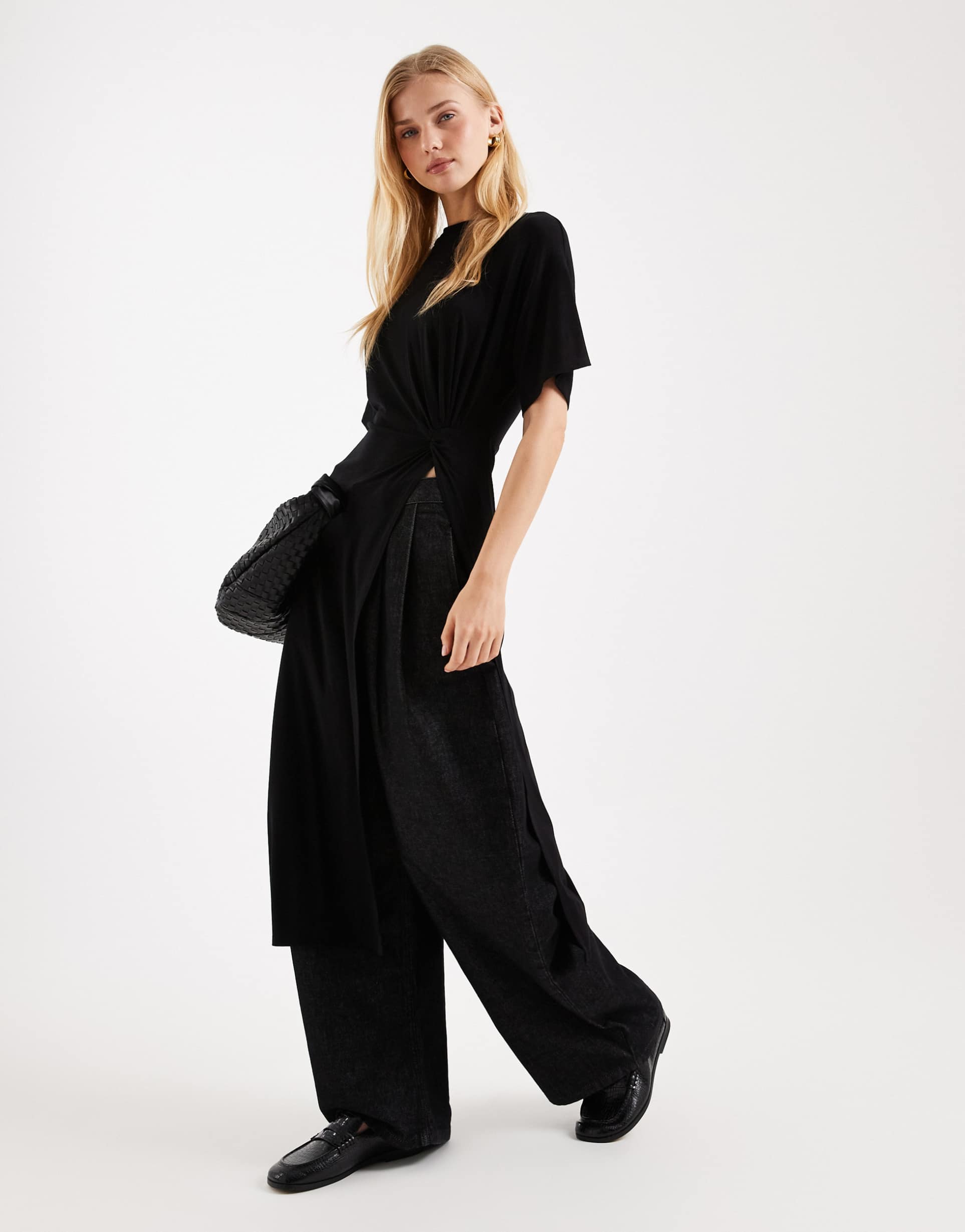 asos design short sleeve draped longline top with twist detail in black