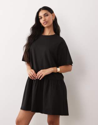 Asos Design Short Sleeve Dropped Waist Peplum T-shirt Mini Dress In Black