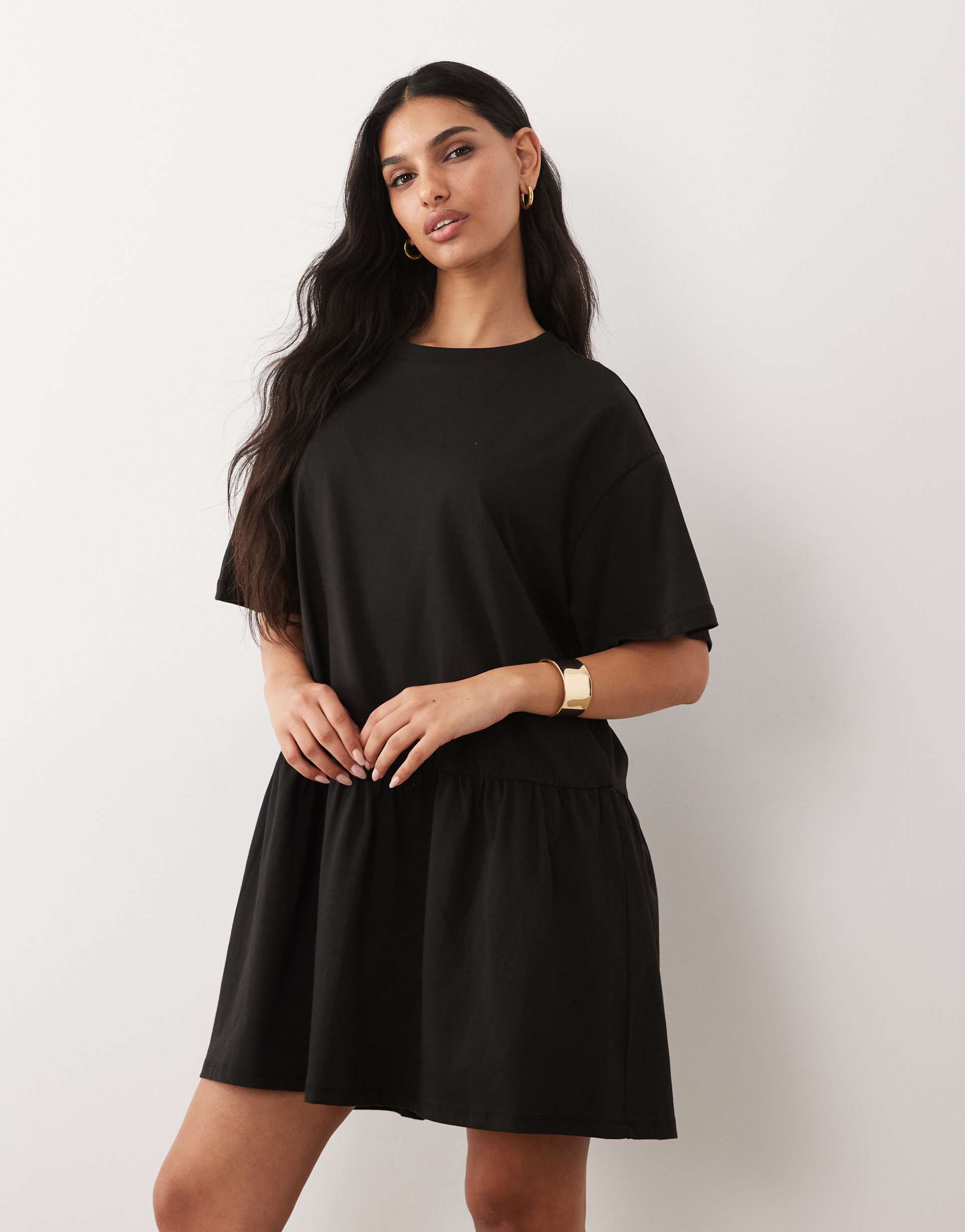 asos design short sleeve dropped waist peplum t-shirt mini dress in black