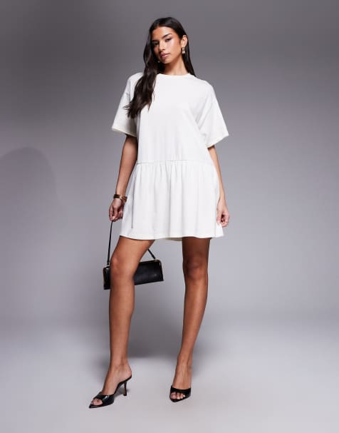 ASOS DESIGN short sleeve dropped waist peplum t-shirt mini dress in cream