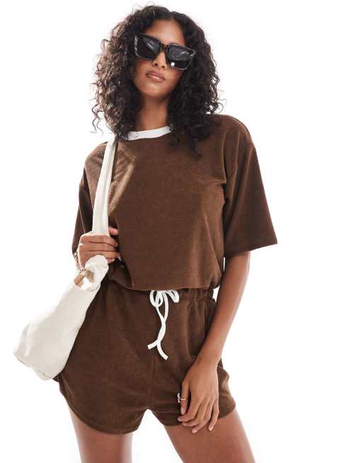 ASOS DESIGN short sleeve elastic tie waist romper in mocha ASOS
