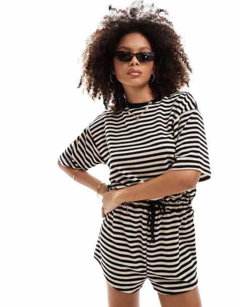 ASOS DESIGN short sleeve elastic tie waist romper in stripe - view 1