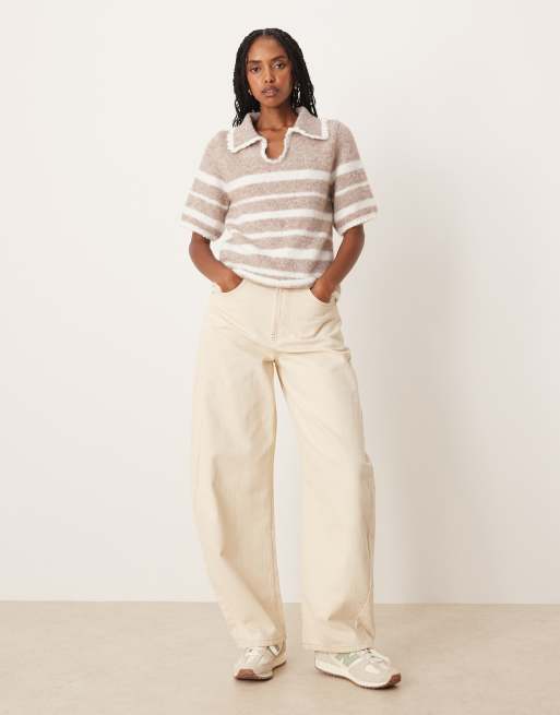 ASOS DESIGN short sleeve frill detail knit polo in cream stripe, 4 of 4
