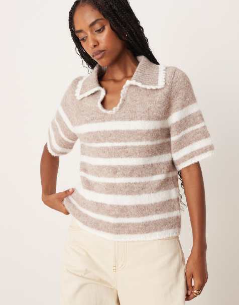 ASOS DESIGN short sleeve frill detail knitted polo in cream stripe - view 1