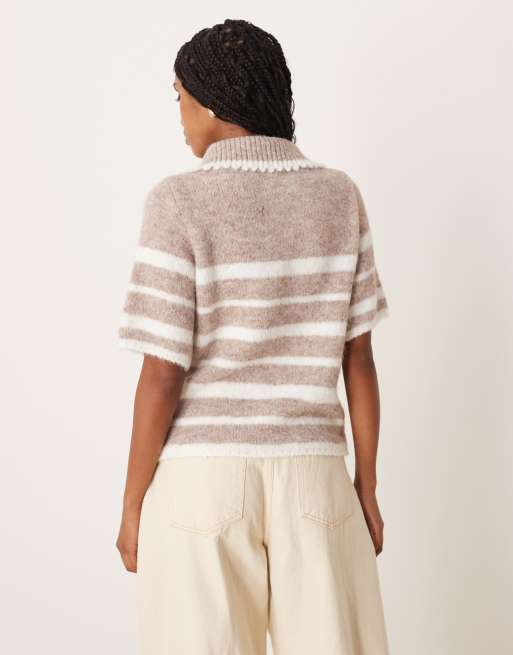 ASOS DESIGN short sleeve frill detail knitted polo in cream stripe, 3 of 4