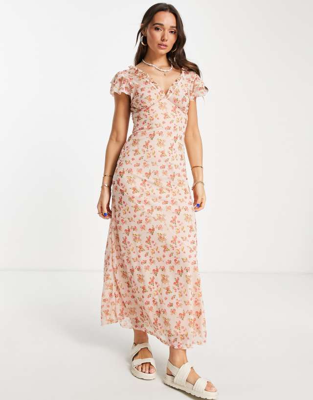 ASOS DESIGN short sleeve frill detail maxi dress in peach floral