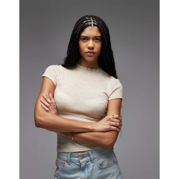 ASOS DESIGN short sleeve funnel neck sheer rib top in cream | ASOS