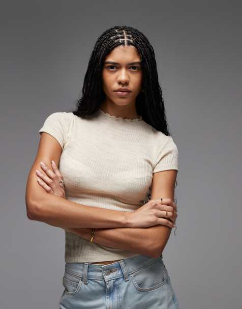 ASOS DESIGN short sleeve funnel neck sheer rib top in cream