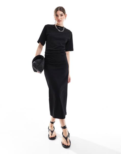 ASOS DESIGN short sleeve gathered waist maxi dress with side slit in black - view 1