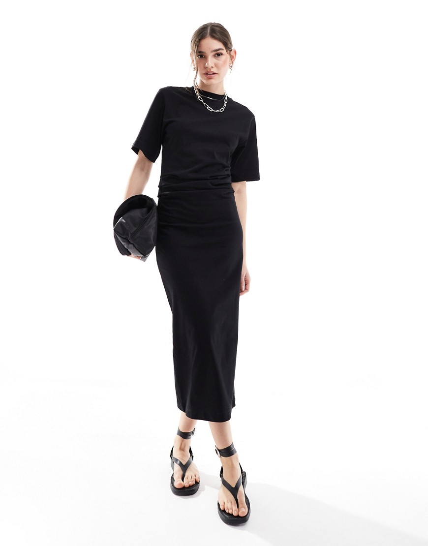 Asos Design Short Sleeve Gathered Waist Maxi Dress With Side Slit In Black