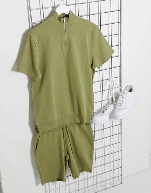 ASOS DESIGN short sleeve half zip tracksuit with shorts in khaki