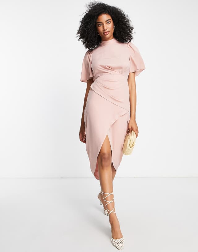 ASOS DESIGN short sleeve high neck drape wrap front midi dress in blush