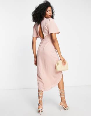 high neck short sleeve midi dress