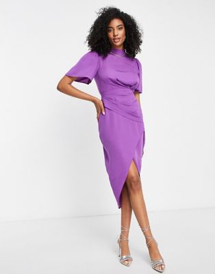 Asos Design Short Sleeve High Neck Drape Wrap Front Mini Dress In Purple