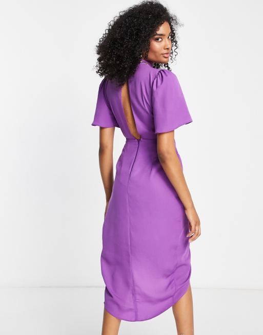ASOS DESIGN short sleeve high neck drape wrap front mini dress in purple, 2 of 4