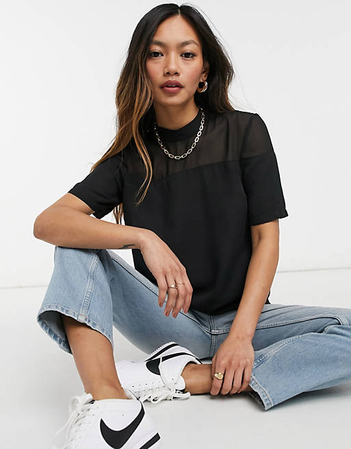 ASOS DESIGN short sleeve high neck top in sheer and solid in black
