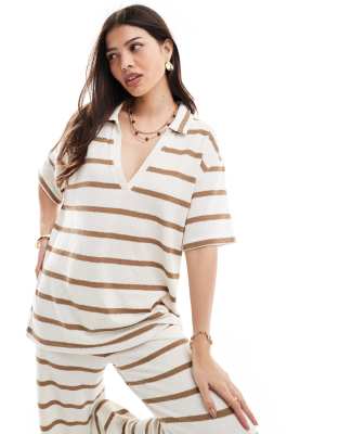 Asos Design Short Sleeve Knit Look Shirt In Beige Stripe - Part Of A Set-neutral