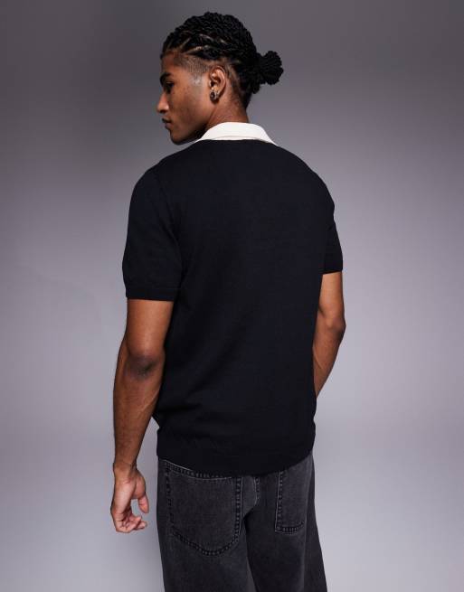 ASOS DESIGN short sleeve knit polo with sports graphic in black, 3 of 5