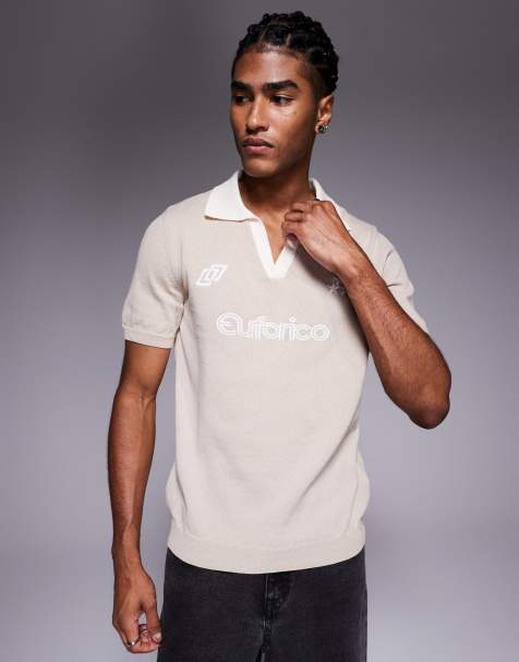 ASOS DESIGN short sleeve knit polo with sports graphic in stone - view 1