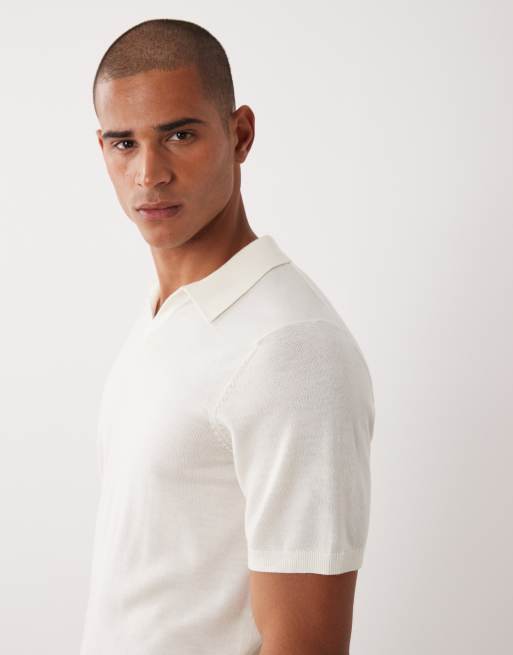 ASOS DESIGN short sleeve knit pure merino wool notch neck polo in ecru, 4 of 5
