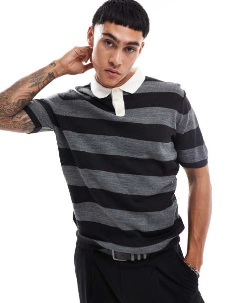 ASOS DESIGN short sleeve knit rugby polo shirt in gray stripes - view 1