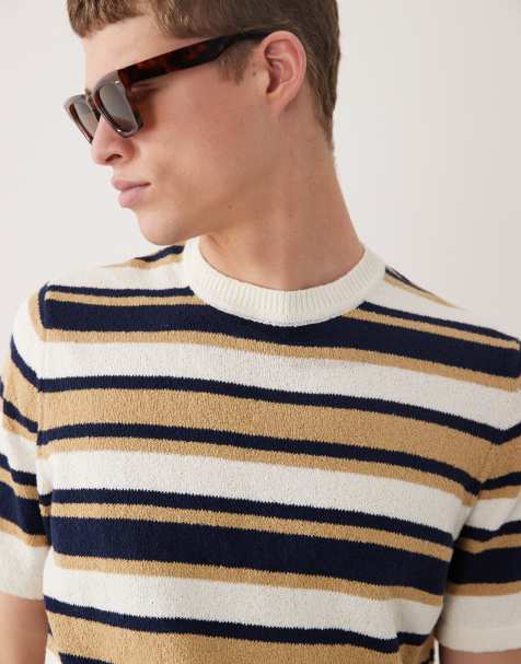 ASOS DESIGN short sleeve knitted boucle t-shirt in navy and ecru stripe