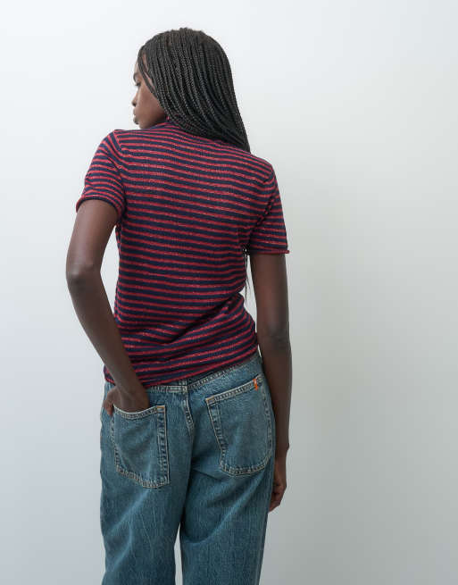 ASOS DESIGN short sleeve knitted jumper in red and navy stripe, 3 of 4