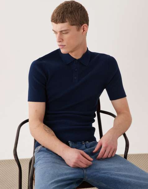 ASOS DESIGN short sleeve knitted polo in navy - view 1