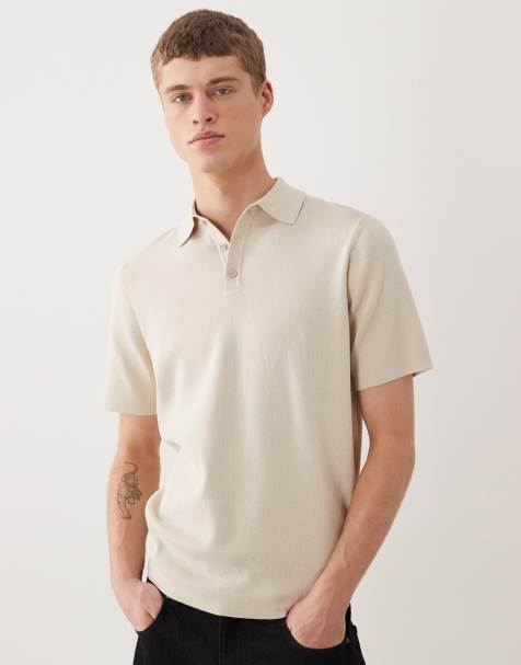 ASOS DESIGN short sleeve knitted polo in stone - view 1
