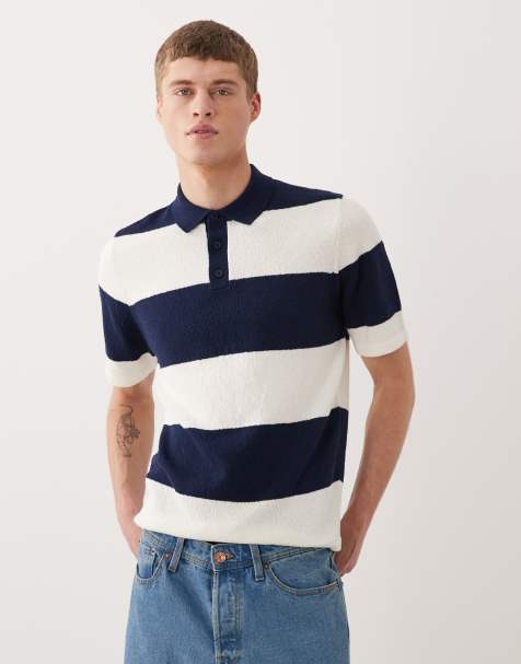 ASOS DESIGN short sleeve knitted polo in white and navy stripe - view 1