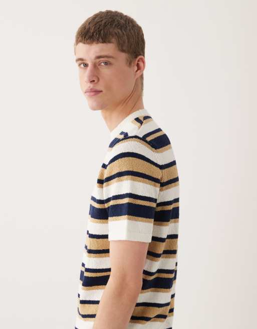 ASOS DESIGN short sleeve knitted polo in white and navy stripe, 3 of 5