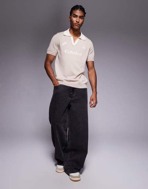 ASOS DESIGN short sleeve knitted polo with sports graphic in stone, 2 of 5