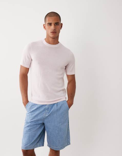 ASOS DESIGN short sleeve knitted pure merino crew neck t-shirt in light pink marl - view 1