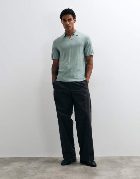 ASOS DESIGN short sleeve knitted pure merino wool notch neck polo in sage