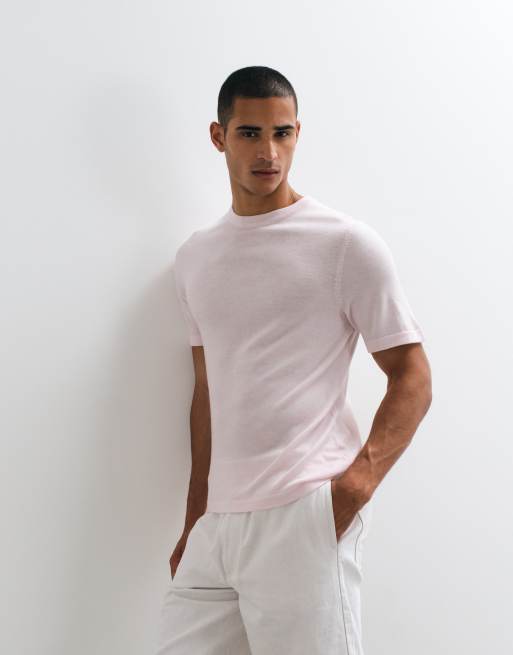 ASOS DESIGN short sleeve knitted pure merino wool crew neck t-shirt in light pink marl, 3 of 5