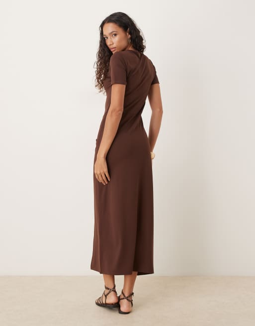 ASOS DESIGN short sleeve knot front midi dress in chocolate, 4 of 4