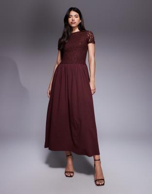 Asos Design Short Sleeve Lace Hybrid Maxi Dress In White