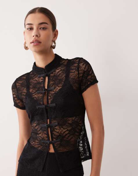ASOS DESIGN short sleeve lace mandarin collar top in black - view 1