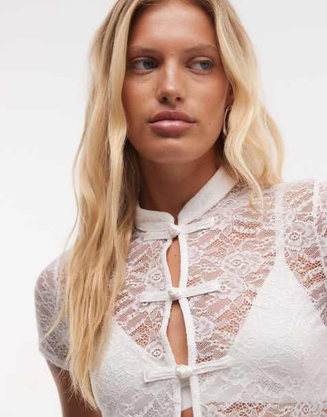 ASOS DESIGN short sleeve lace mandarin collar top in white - view 1